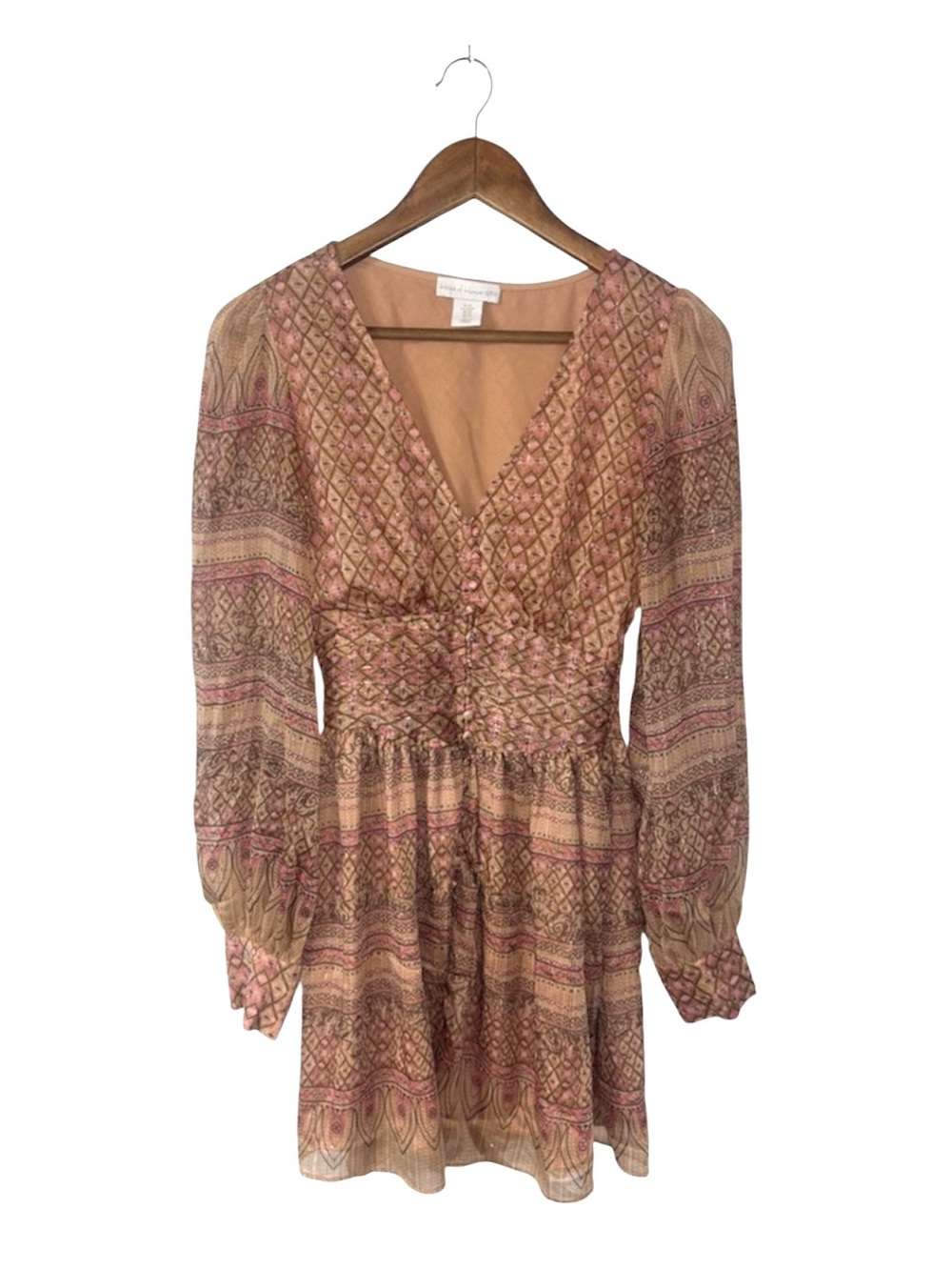 House Of Harlow 1960 Sheer Long Sleeve Mini Boho Pink Tan Dress XS